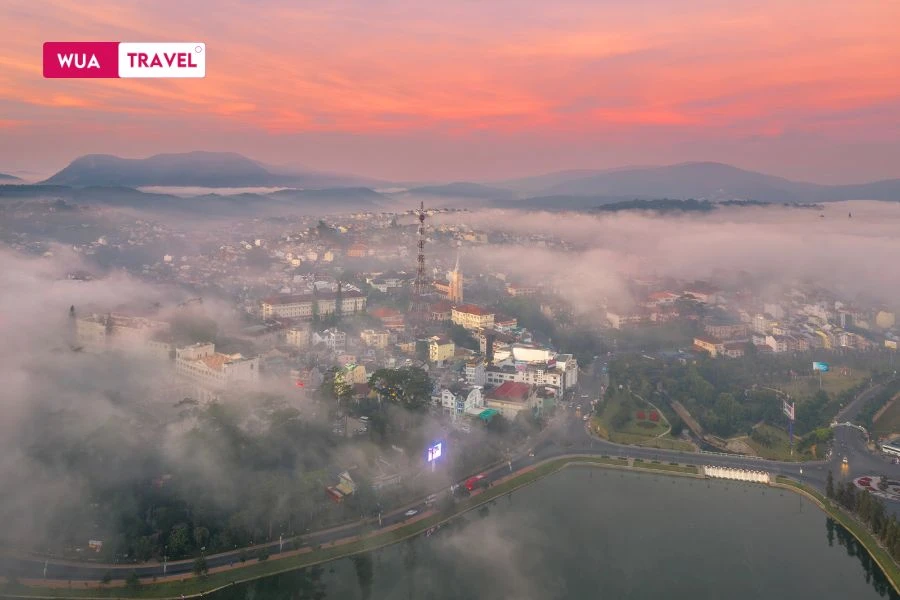 Misty morning in Da Lat - city of thousands of flowers in ethereal fog.